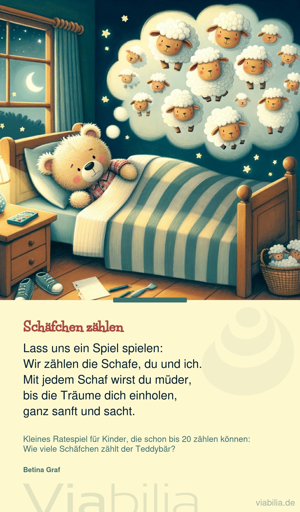 Gute Nacht Bild: der Teddybär zählt Schafe