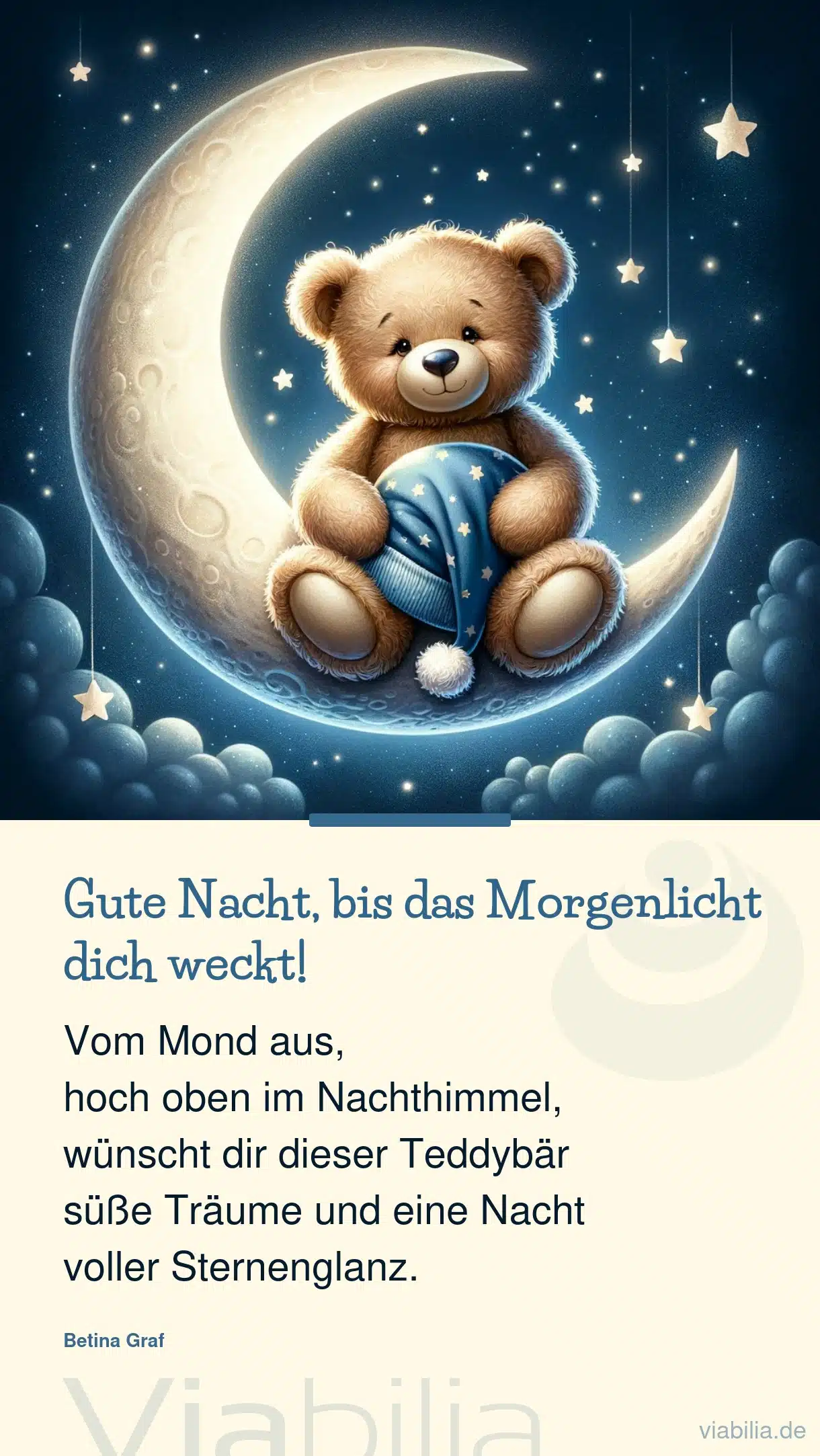 Gute Nacht sagt der Teddybär vom Mond aus auf dem Bild