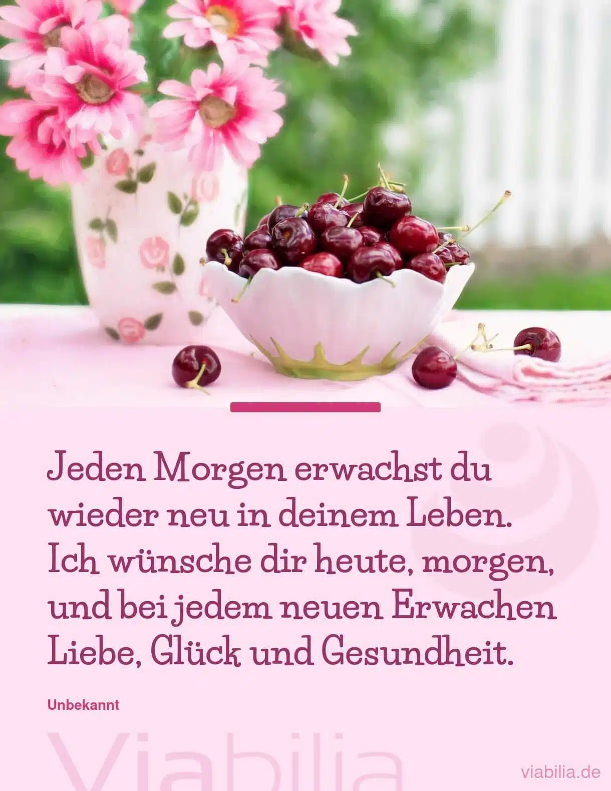 Guten-Morgen-Spruch auf Bild: Leben als neues Erwachen, Liebe, Glück und Gesundheit wünschen