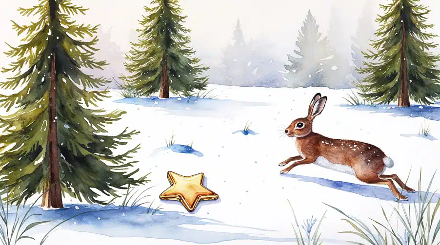 Weihnachtsgeschichte Der kleine verlorene Weihnachtsstern, hier Hase, der auf den Stern zuhoppelt